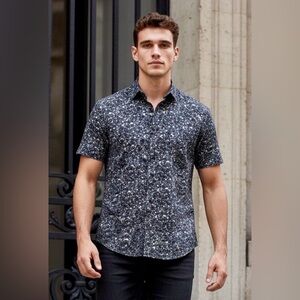Catchit Men’s Dark Blue Floral Button Down Shirt in Large